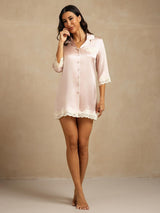 [Pink] SilkSilky-AU Pure Silk Lapel Collar Nightshirt 006