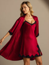 [Wine] SilkSilky-AU Half Sleeve V Neck Nightgown&Dressing Gown Set 004
