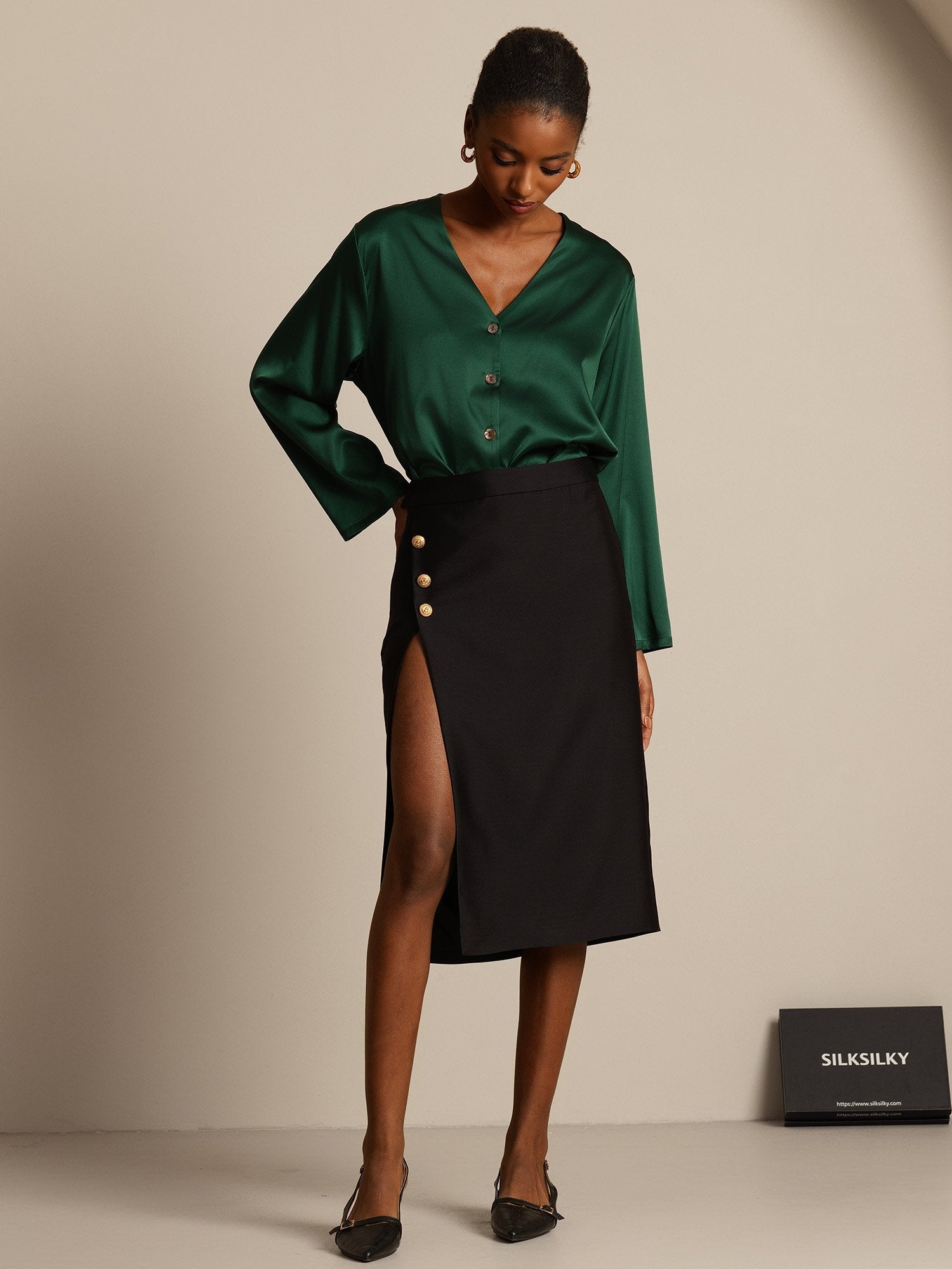 [Black] SilkSilky-AU 32Momme Wool Split Skirt 008,