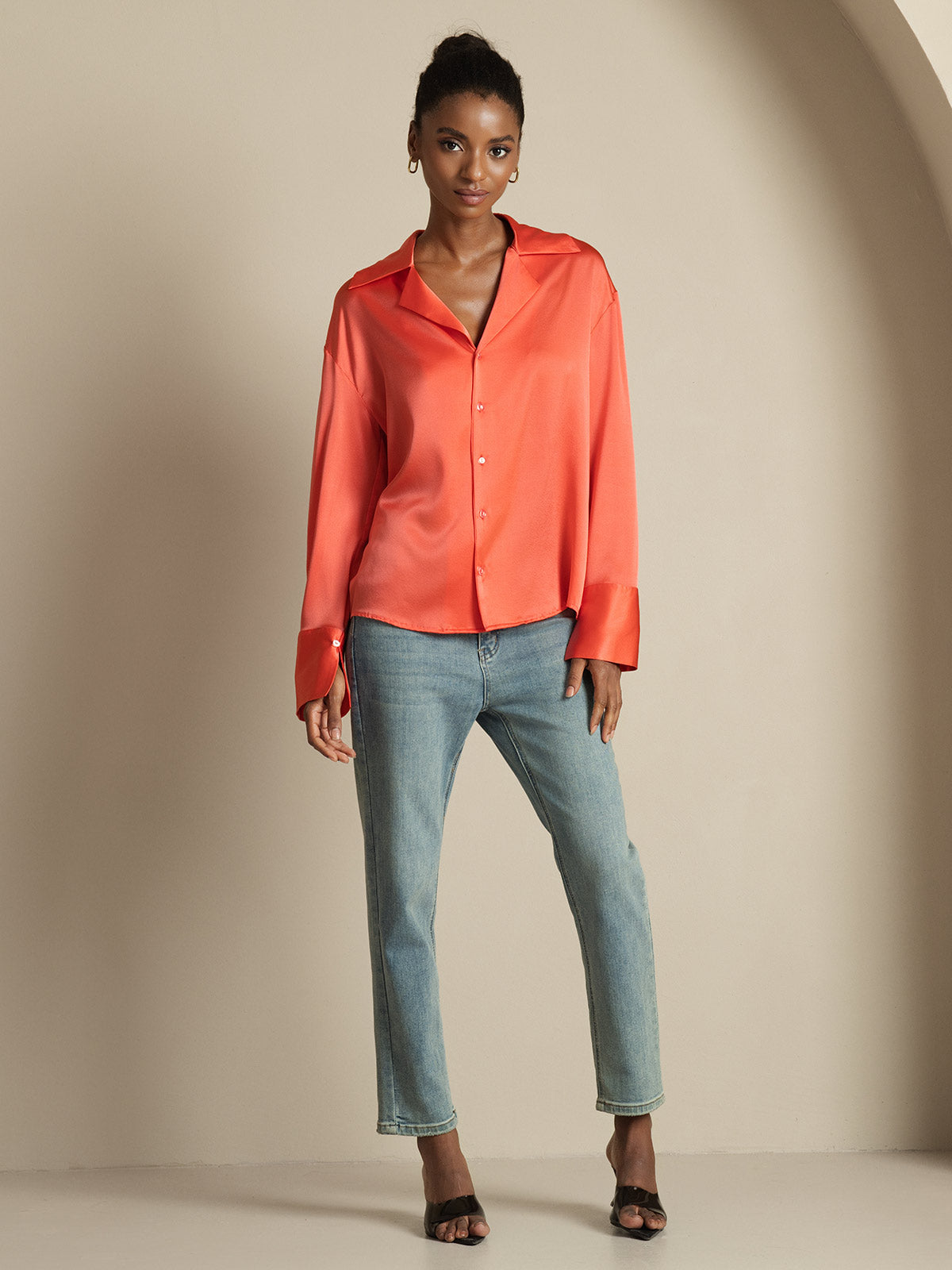 [Imperial Red] SilkSilky-AU 19Momme Silk Notch Collar Women's Shirt 008