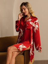 [Dark Red] SilkSilky-AU 19Momme Long Sleeve Notch Collar Nightshirt 007