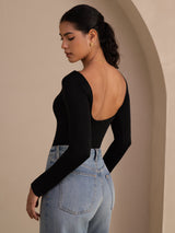 [Black] SilkSilky-AU Long Sleeve U Neck Women's T-Shirt 001