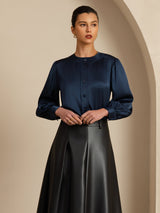 [Dark Blue] SilkSilky-AU 19Momme Long Sleeve Round Neck Blouse 004
