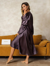 [Purple Gray] SilkSilky-AU Long Sleeve V Neck Nightgown&Dressing Gown Set 002