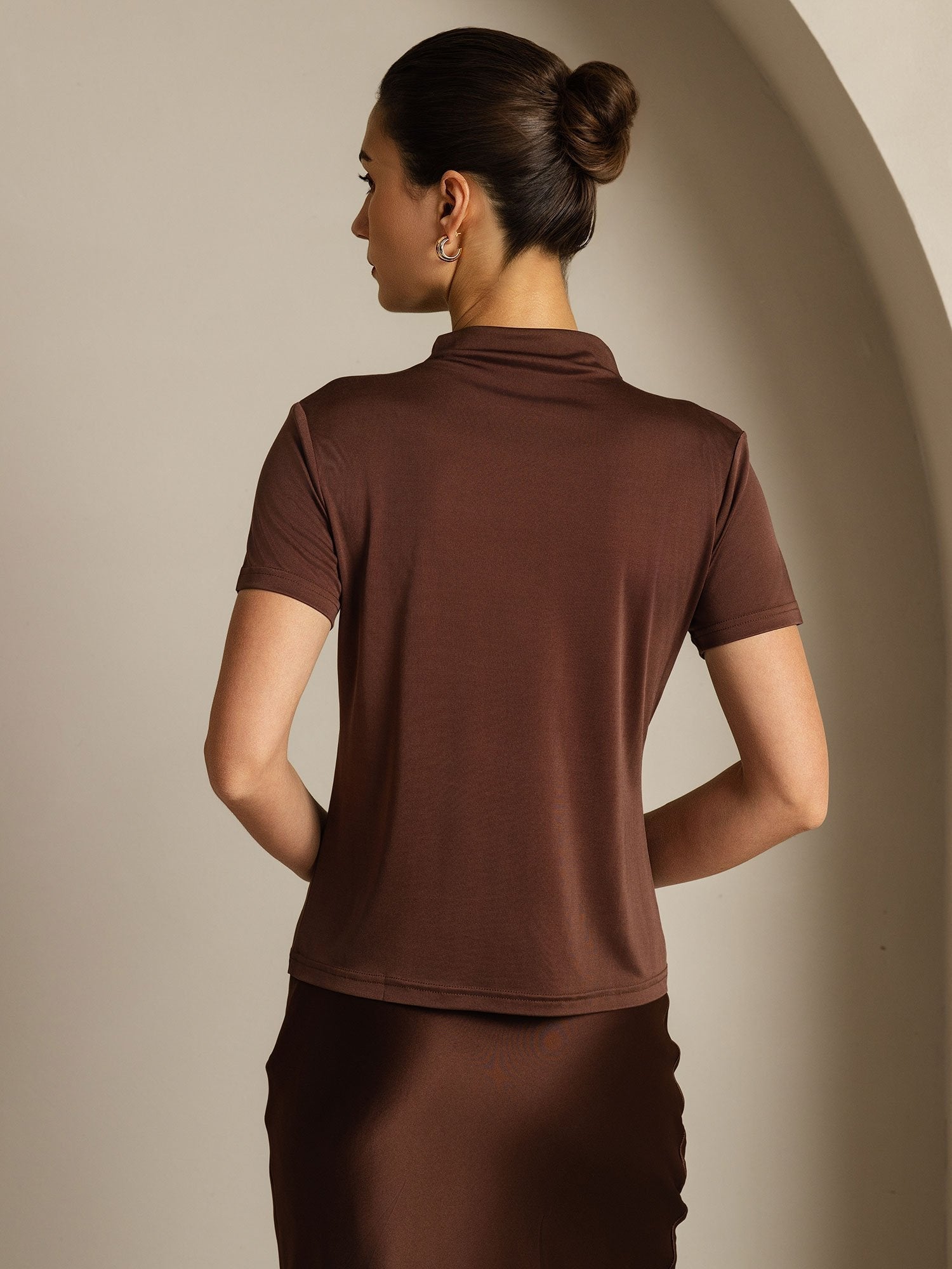 [Coffee] SilkSilky-AU Pure Silk Collar Women's T-Shirt 002