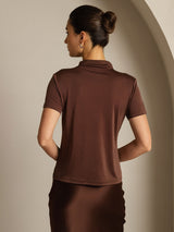 [Coffee] SilkSilky-AU 100% Silk Jersey Short Sleeve Mock Neck Women's T-Shirt 002