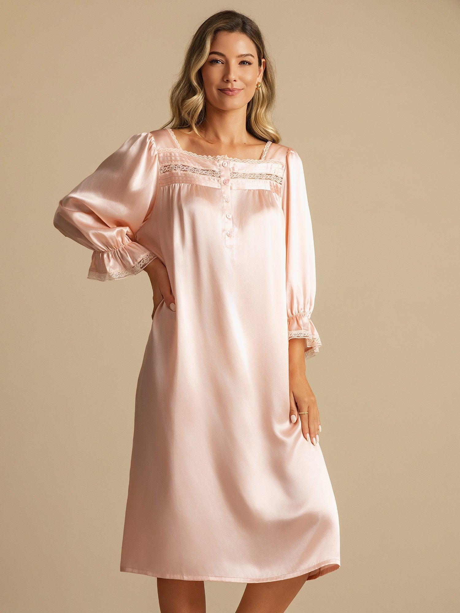 [LightPink] SilkSilky-AU Pure Silk Square Neck Nightgown 003