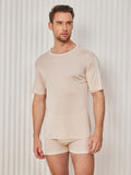 SilkSilky-AU Silk Knitted Short Sleeve Round Neck Men's T-Shirt Beige 001