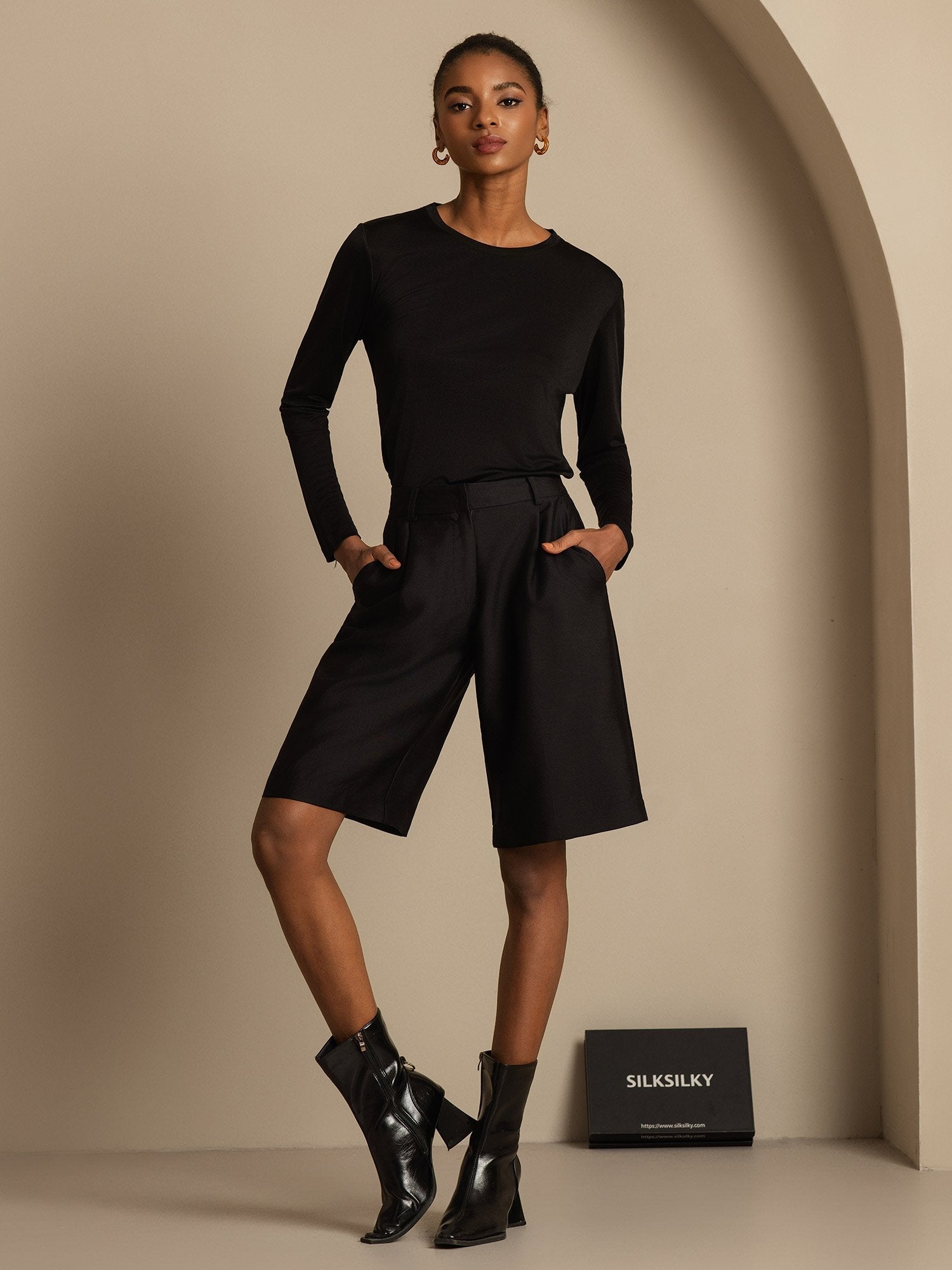 [Black] SilkSilky-AU 32Momme Wool Womens Shorts 005,