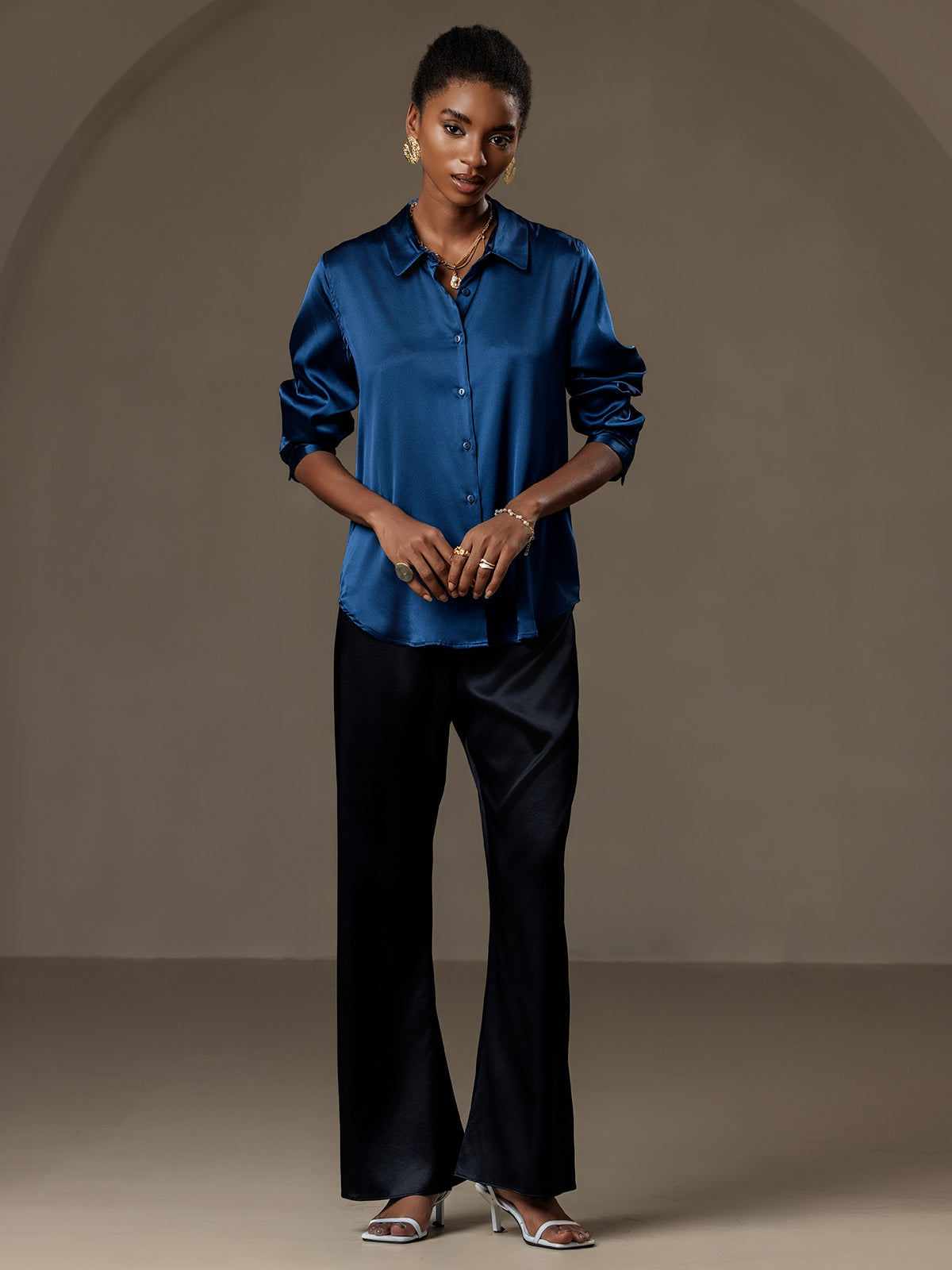 [Teal] SilkSilky-AU Silk Long Sleeve Lapel Collar Women's Shirt 005