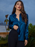 SilkSilky AU Silk Long Sleeve Collar Women's Shirt Teal 005