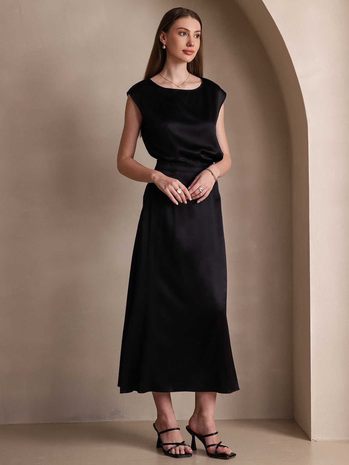 [Black] SilkSilky-AU 19Momme Stretch Silk Charmeuse Skirt 004