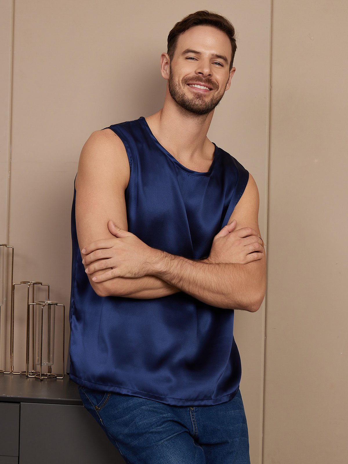 SilkSilky AU Pure Silk Sleeveless Mens T Shirt DarkBlue 005