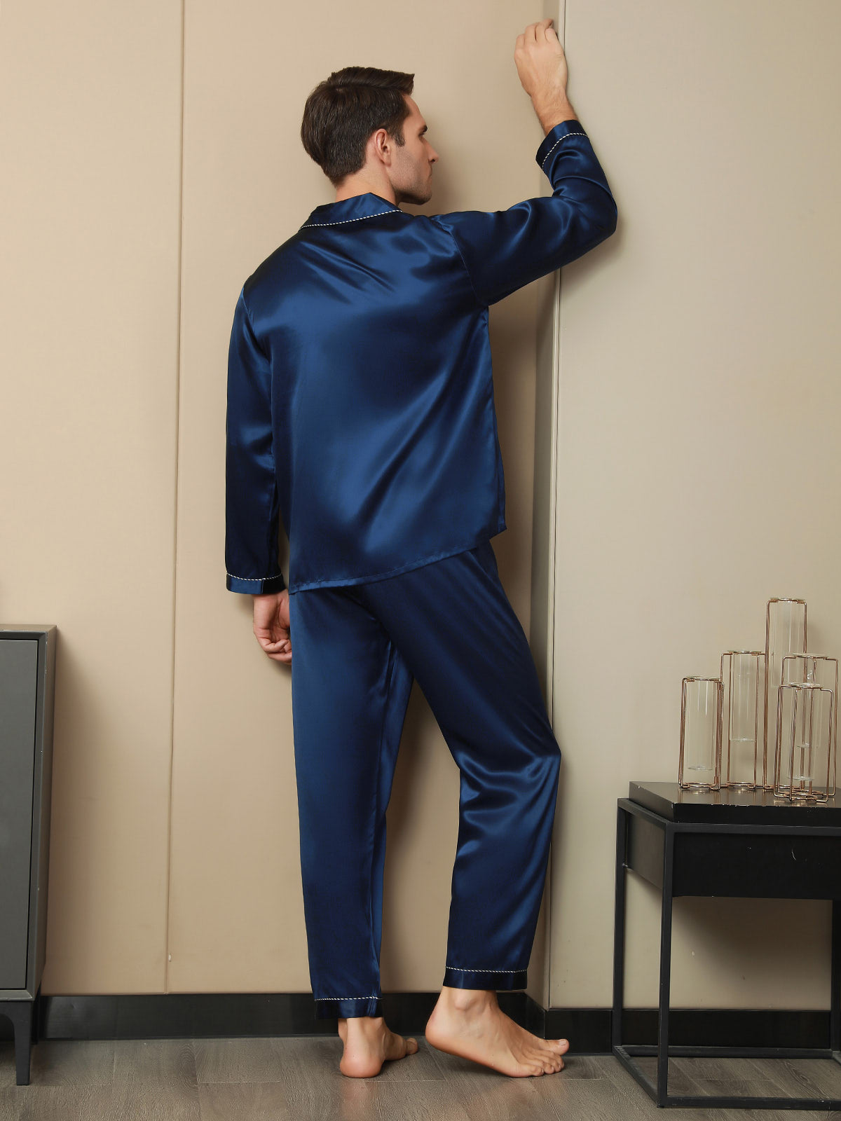 SilkSilky AU Pure Silk Long Sleeve Lapel Men's Pyjamas DarkBlue 002