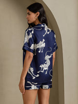 [Navy Cheetah] SilkSilky-AU Short Sleeve Notch Collar Women's Pyjamas 002