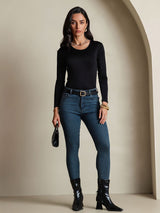 [Black] SilkSilky-AU Silk Jersey Long Sleeve Round Neck Women's T-Shirt 006