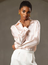 [Pink] SilkSilky-AU 19Momme Stretch Silk Charmeuse Long Sleeve Lapel Collar Women's Shirt 003