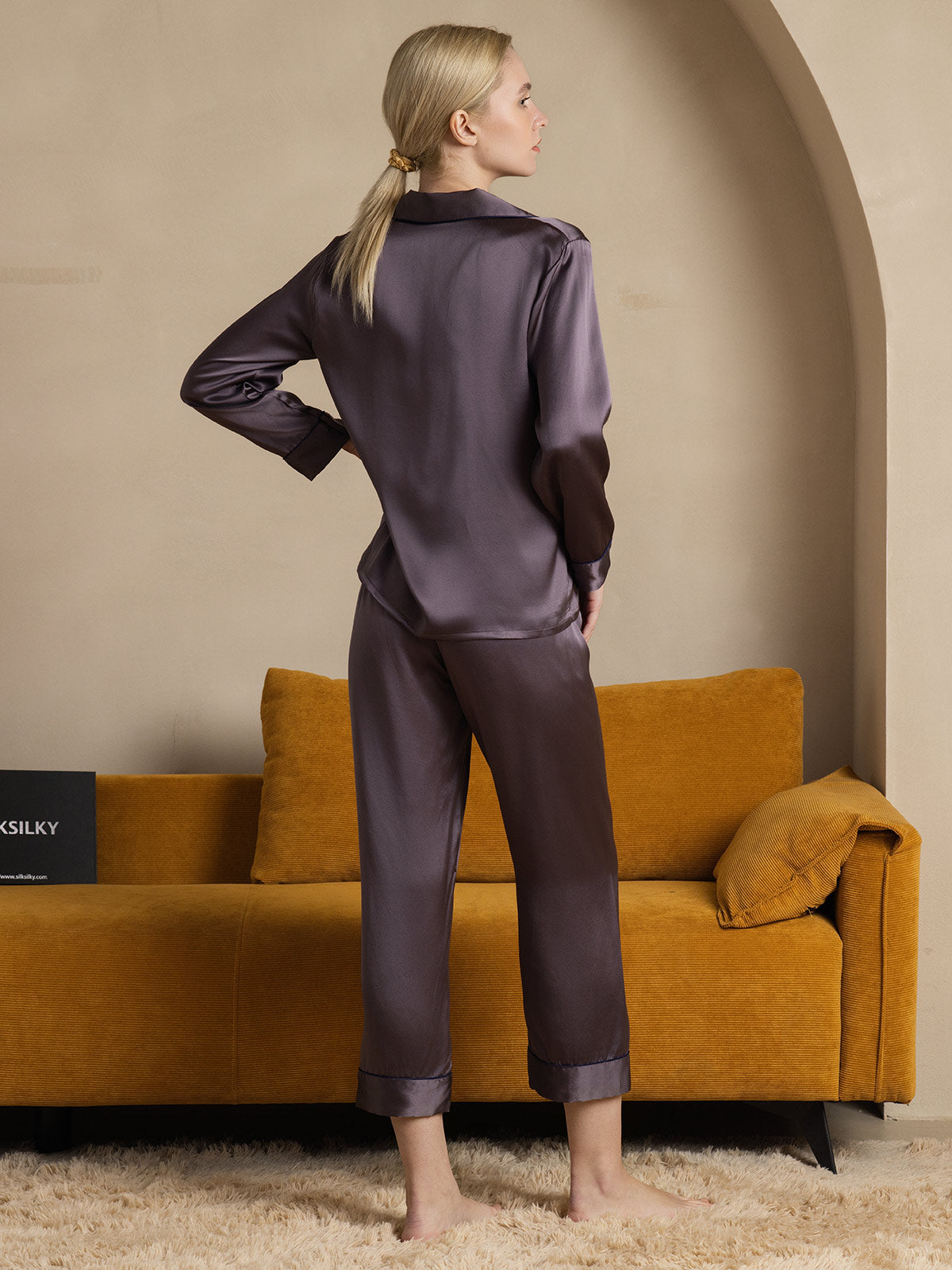 SilkSilky-AU Pure Silk Long Sleeve Lapel Women's Pyjamas PurpleGray 002