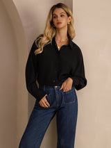[Black] SilkSilky-AU Long Sleeve Lapel Collar Women's Shirt 005