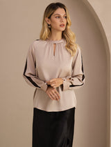 [Tan] SilkSilky-AU Long Sleeve Keyhole Neck Women's Blouse 003