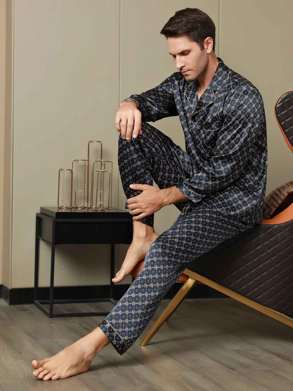 SilkSilky AU Pure Silk Long Sleeve Lapel Men's Pyjamas DarkBlue 006