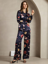 [Navy Floral] SilkSilky-AU 19Momme Silk Lapel Collar Women''s Outfit Sets 004