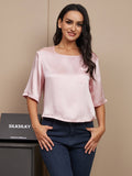 SilkSilky AU Pure Silk Half Sleeve Boat Neck Women's T Shirt Pink 004