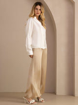 [White] SilkSilky-AU Long Sleeve Split Women's Blouse 005