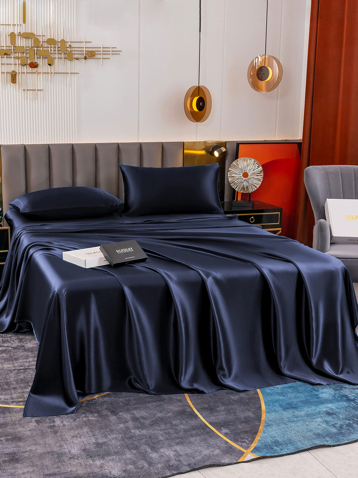 [Dark Blue] SilkSilky-AU 19Momme Pure Silk Bedding Set 005