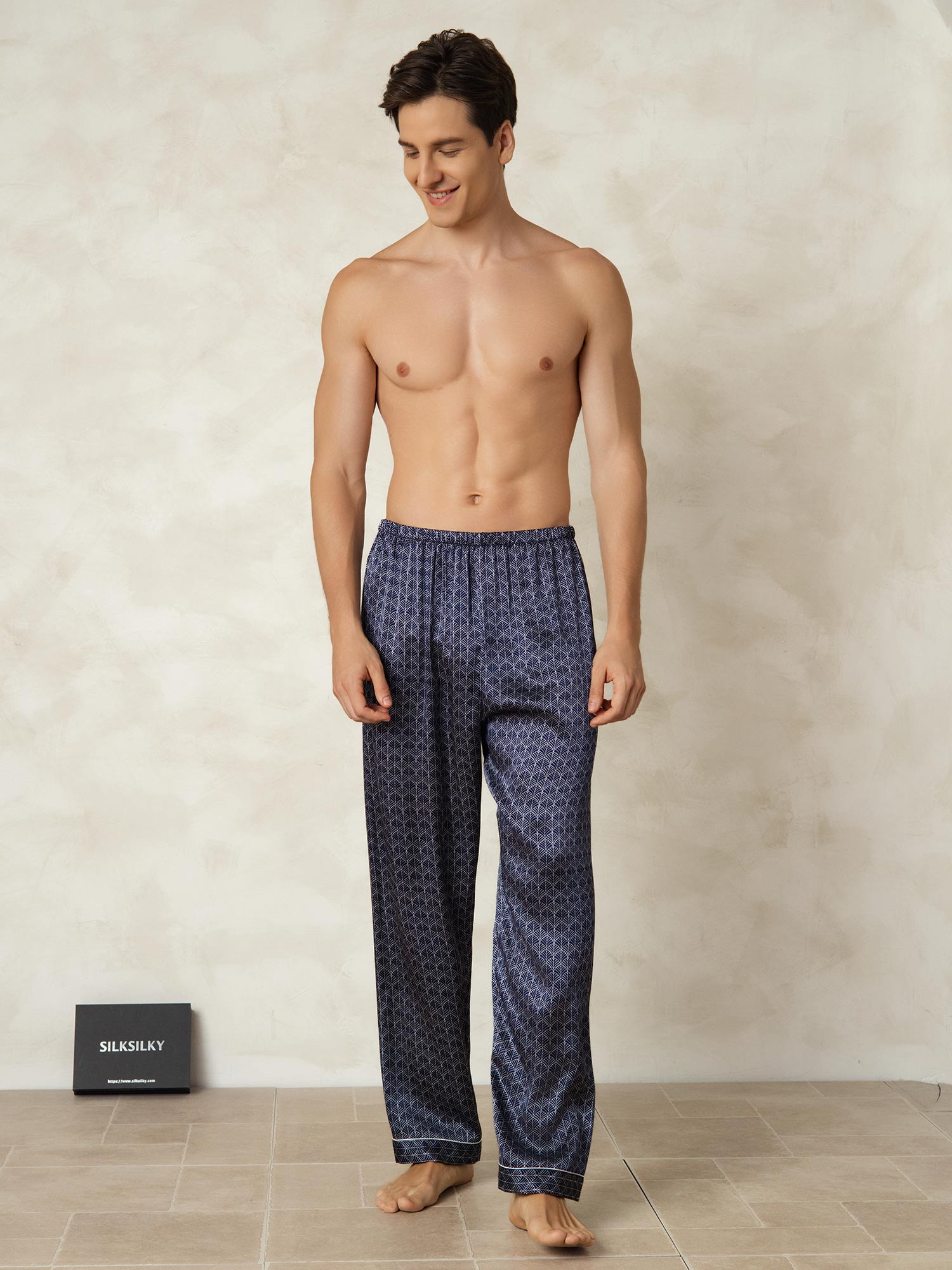 [Navy Ginkgo] SilkSilky-AU Pure Silk Mens Sleep Bottoms 005