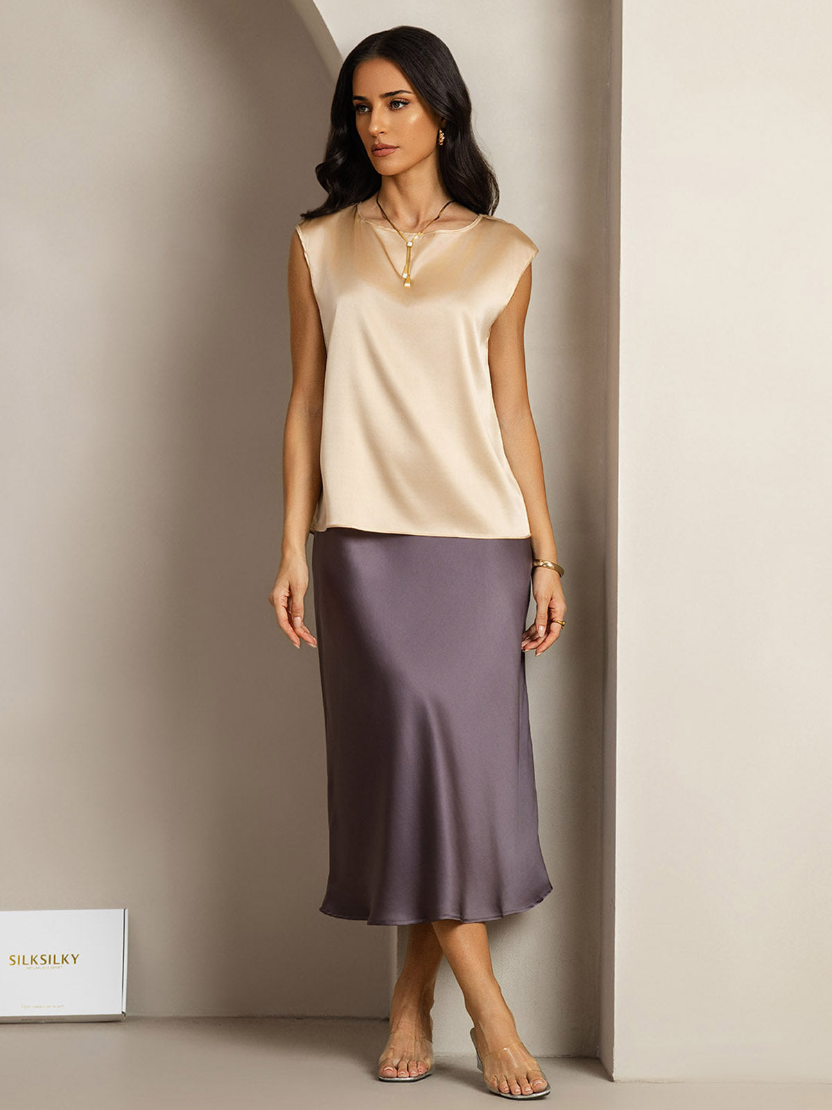 [Champagne] SilkSilky-AU 19Momme Stretch Silk Charmeuse Cap Sleeve Round Neck Women's T-Shirt 003