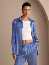 [Blue Pinstripe] SilkSilky-AU Long Sleeve Lapel Collar Women's Outfit Sets 005