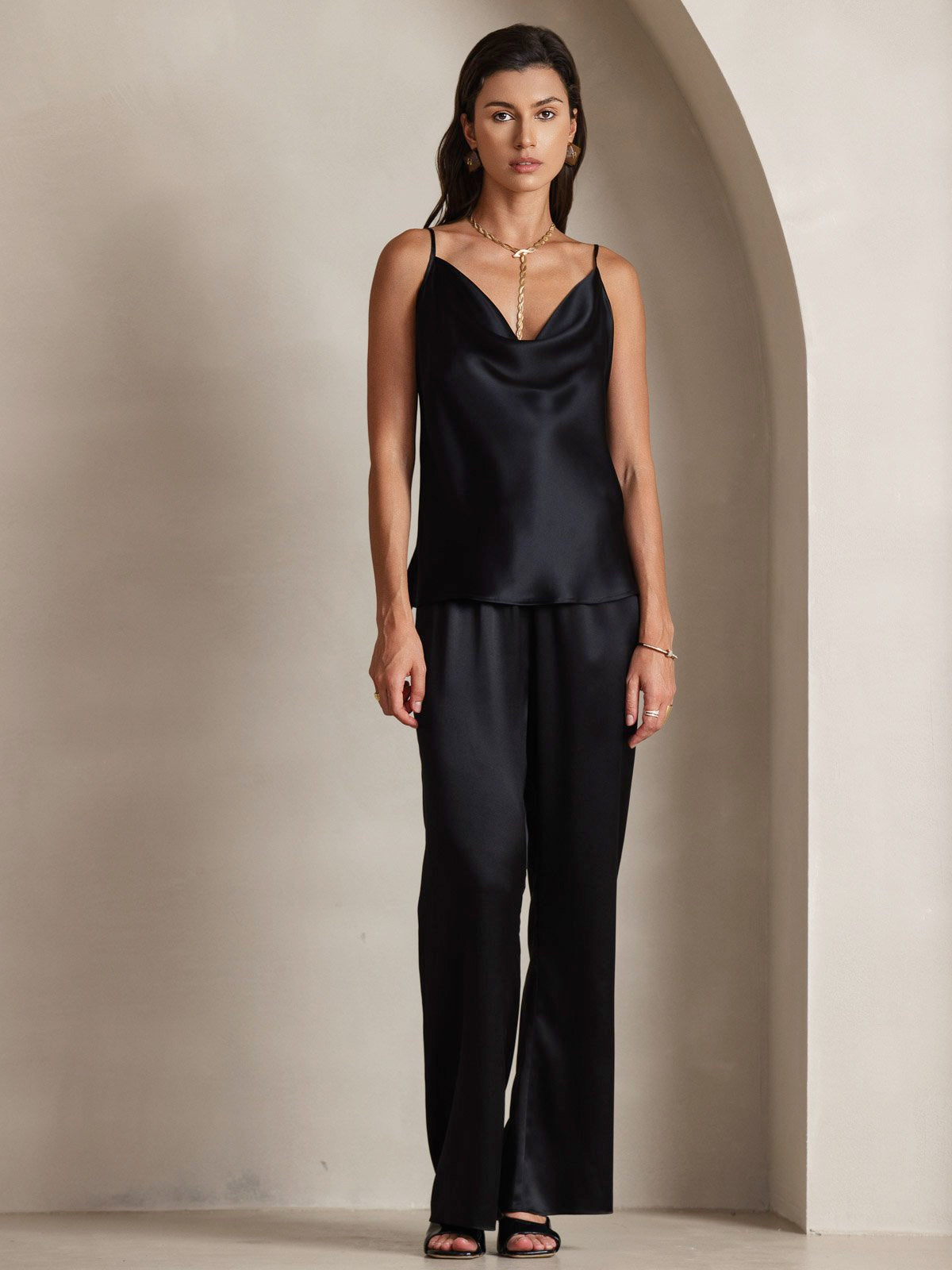 [Black] SilkSilky-AU 19Momme Silk Spaghetti Strap Cowl Neck Camisole 007