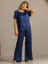 [Dark Blue] SilkSilky-AU 19Momme Machine-Washable Silk Short Sleeve Women's Pyjamas 006