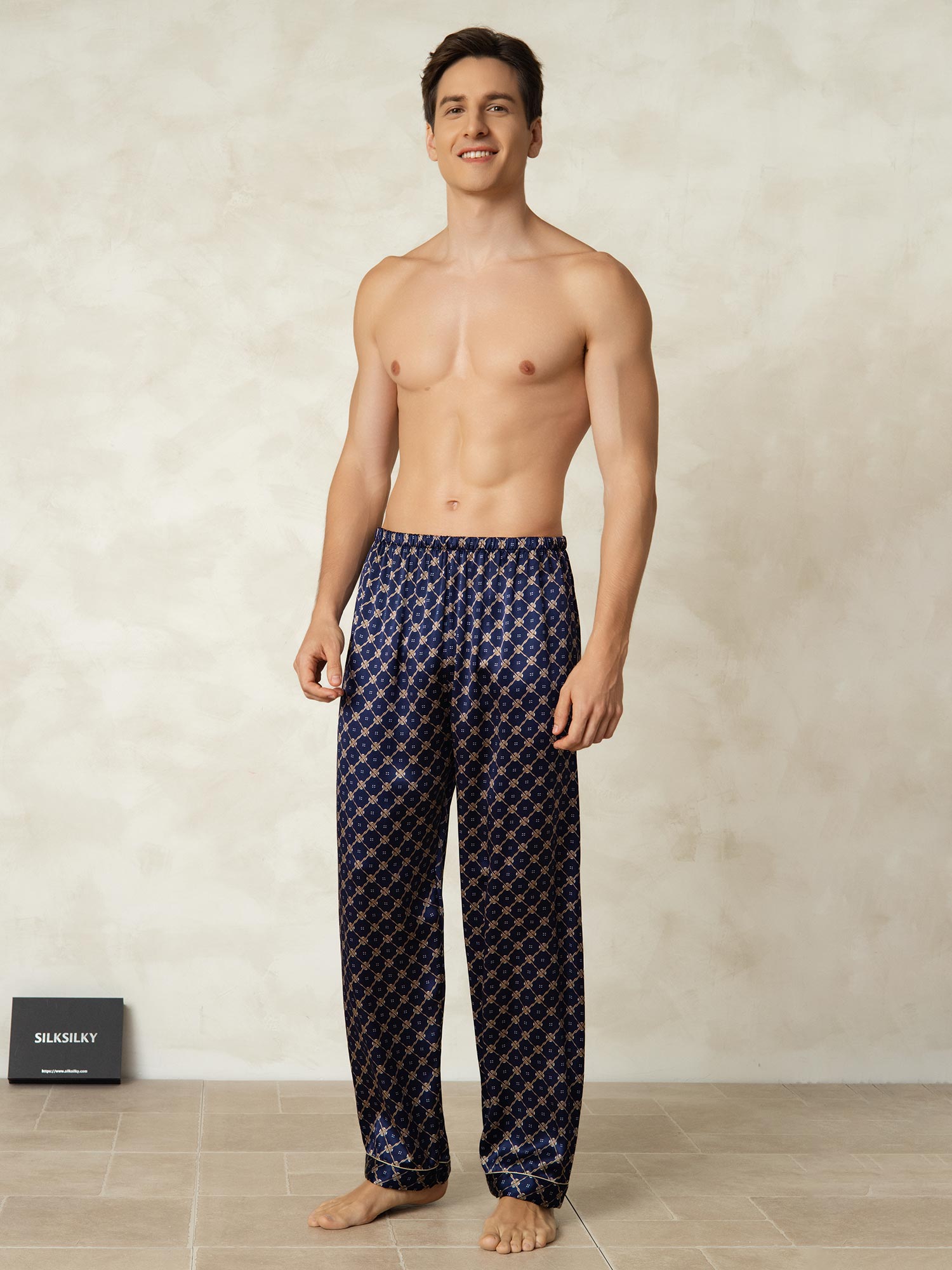 [Navy Chain] SilkSilky-AU Pure Silk Mens Sleep Bottoms 004