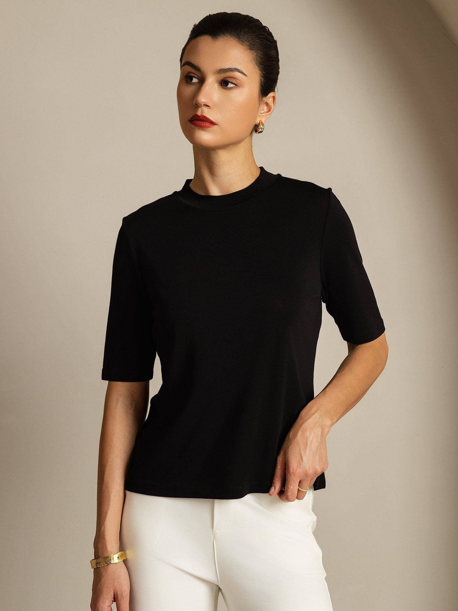 [Black] SilkSilky-AU Pure Silk Round Neck Women's T-Shirt 006