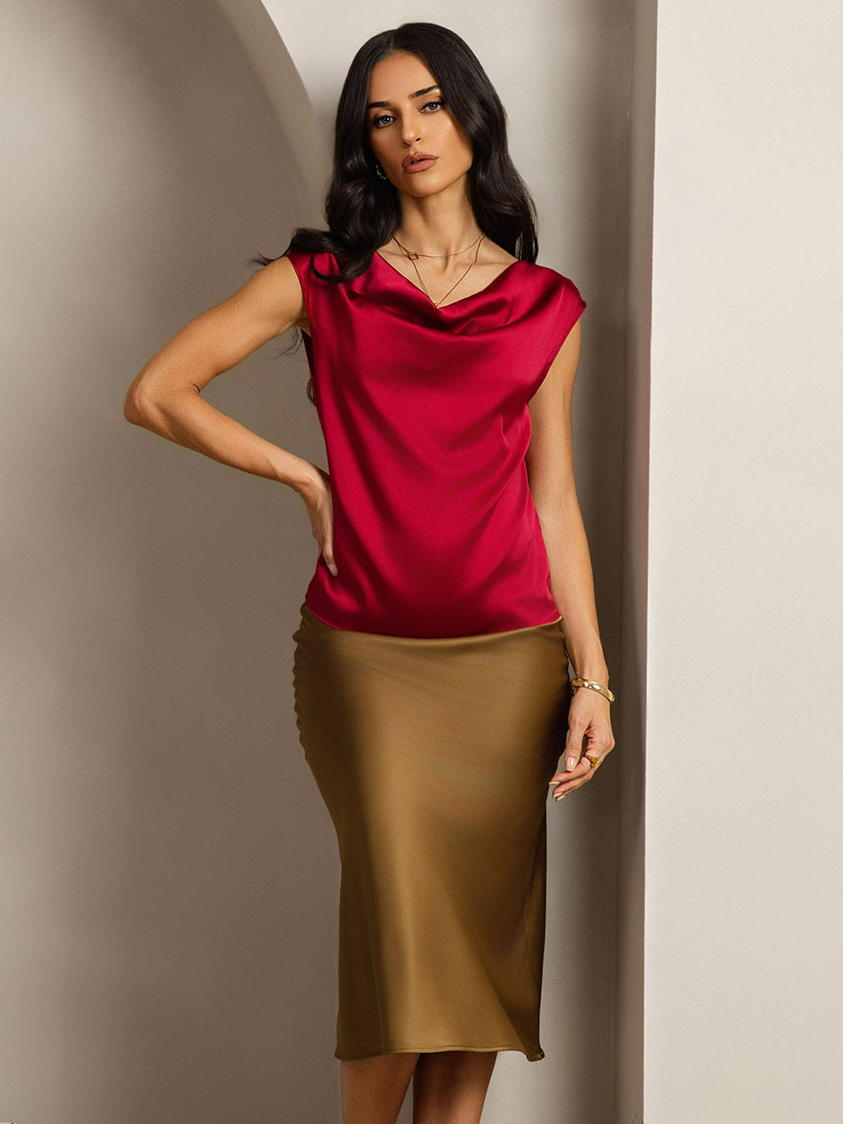[Wine] SilkSilky-AU 19Momme Silk Cowl Neck Women's T-Shirt 001