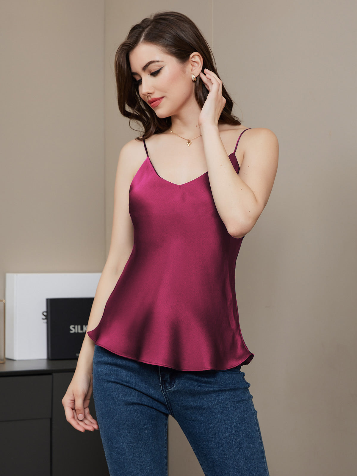[Fuchsia] SilkSilky-AU Pure Silk V Neck Camisole 001
