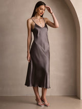 [Dark Khaki] SilkSilky-AU Sleeveless V Neck Dress 007