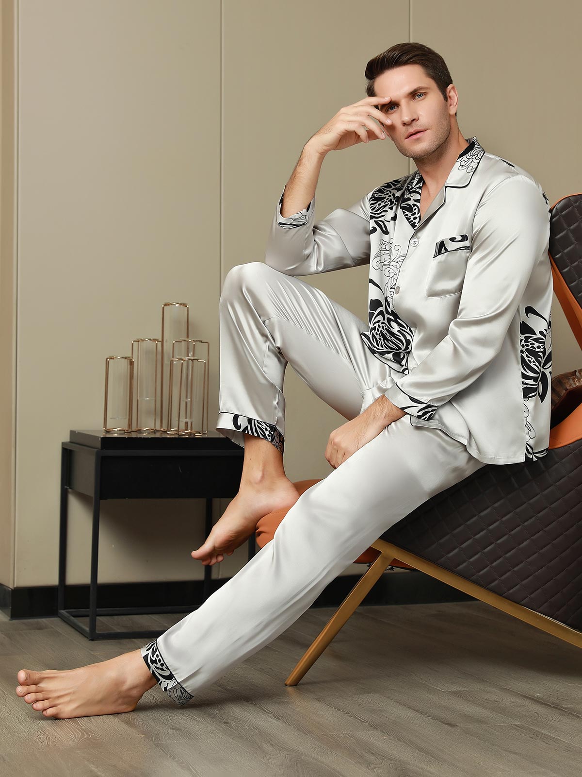 [Gray] SilkSilky-AU Pure Silk Mens Pajamas 007,