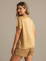 [Tan] SilkSilky-AU 19Momme Machine-Washable Silk Short Sleeve Round Neck Women's Pyjamas 002