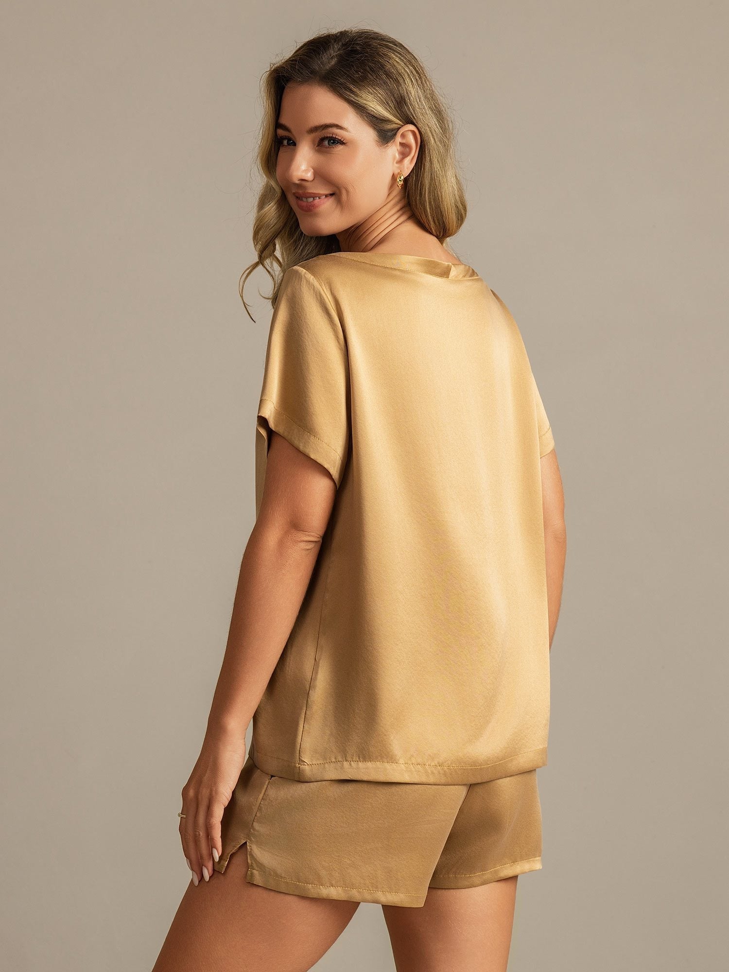 [Tan] SilkSilky-AU 19Momme Silk Round Neck Women's Pyjamas 002,