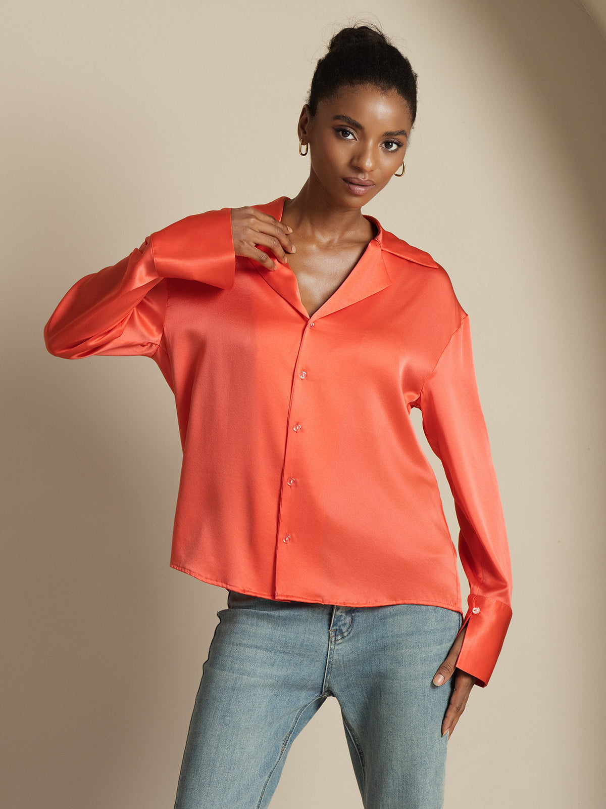 [Imperial Red] SilkSilky-AU 19Momme Silk Notch Collar Women's Shirt 007