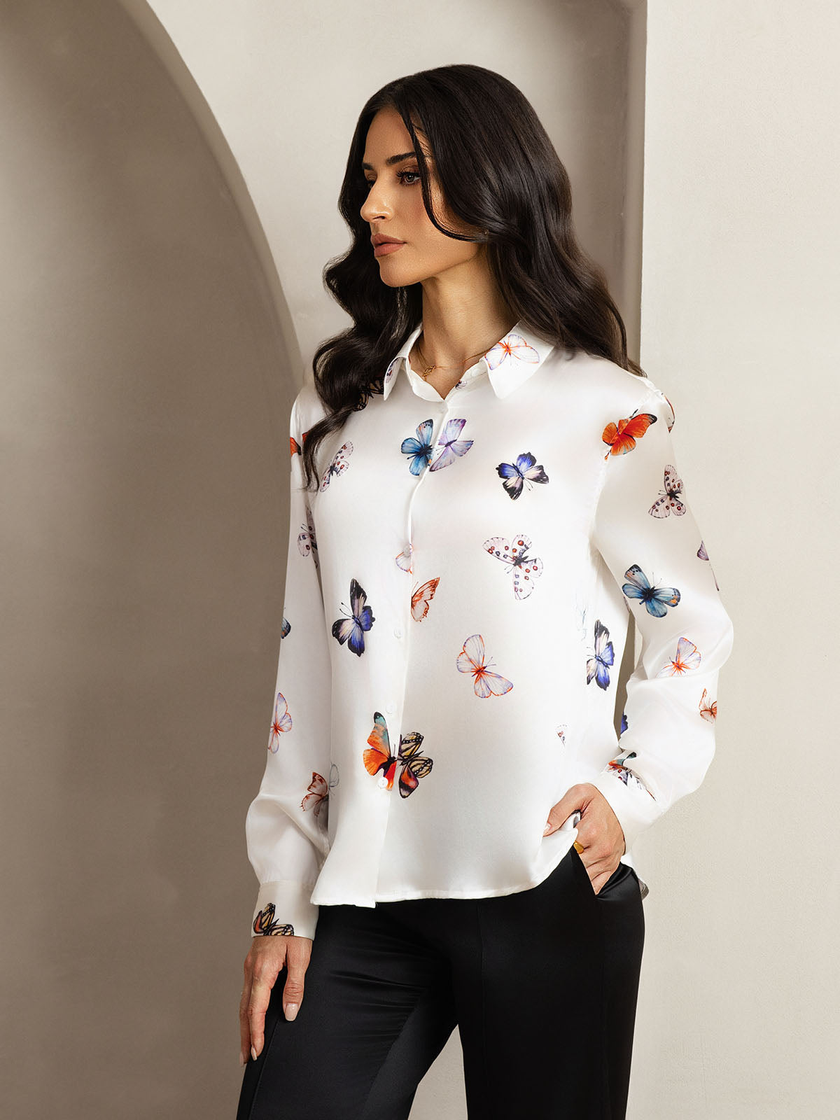 [White Butterfly] SilkSilky-AU Silk Long Sleeve Lapel Collar Women's Shirt 005