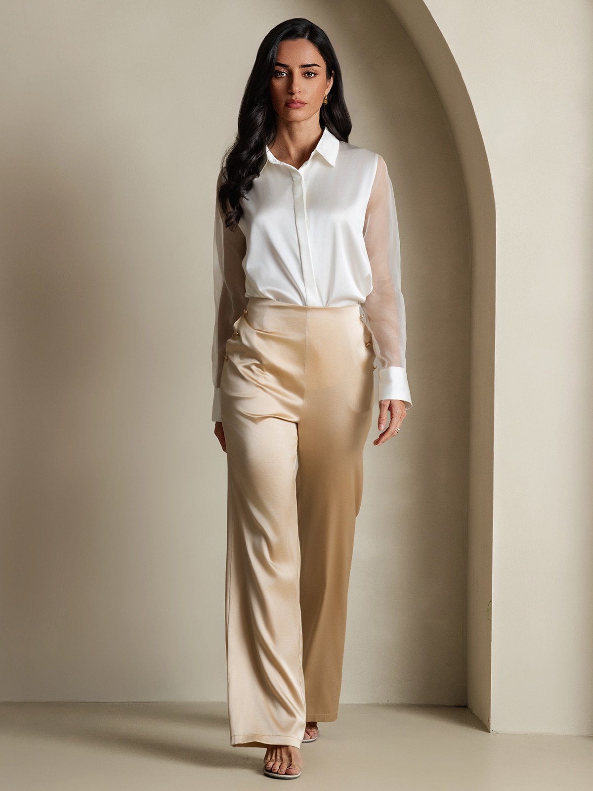 [White] SilkSilky-AU 19Momme Silk Lapel Collar Women's Shirt 006