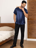 SilkSilky AU Pure Silk Short Sleeve Round Neck Men's T Shirt DarkBlue 004