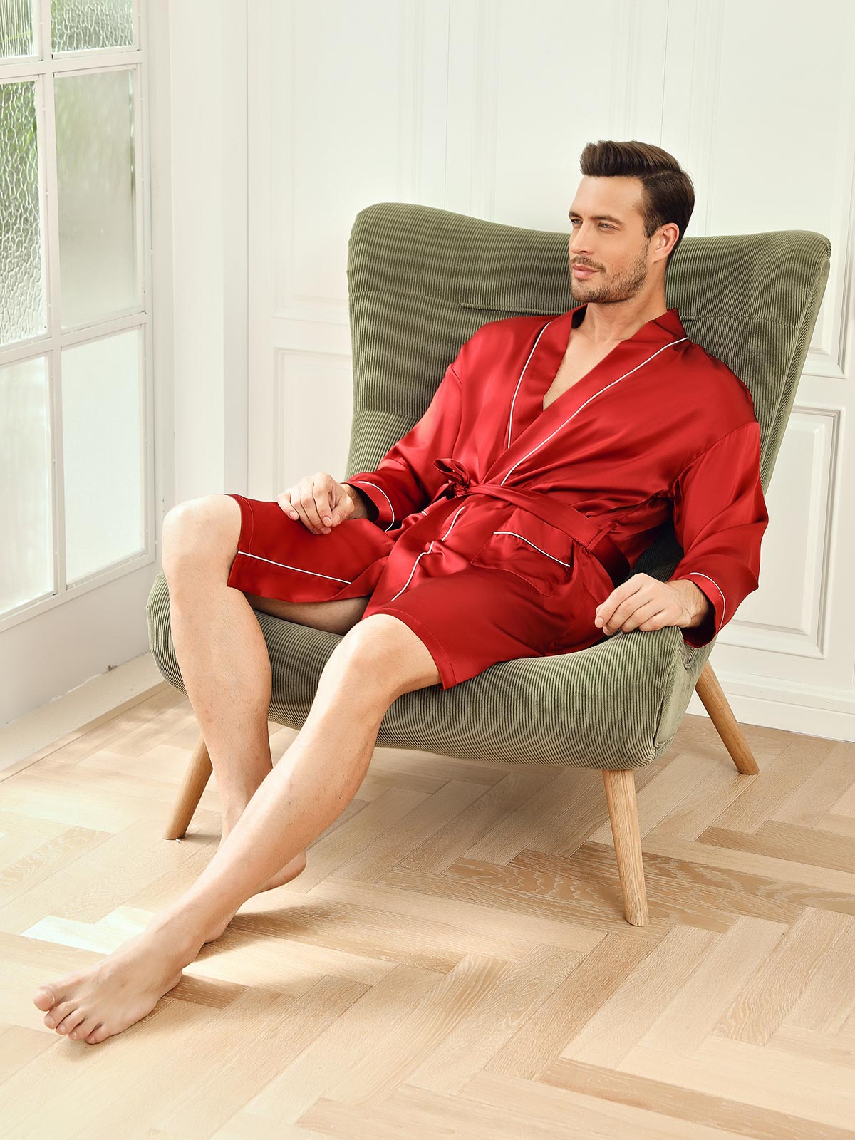 SilkSilky AU Pure Silk 3/4 Sleeve Mens Robe Wine 007