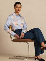 [Light Blue] SilkSilky-AU 19Momme Long Sleeve Lapel Collar Women's Shirt 005