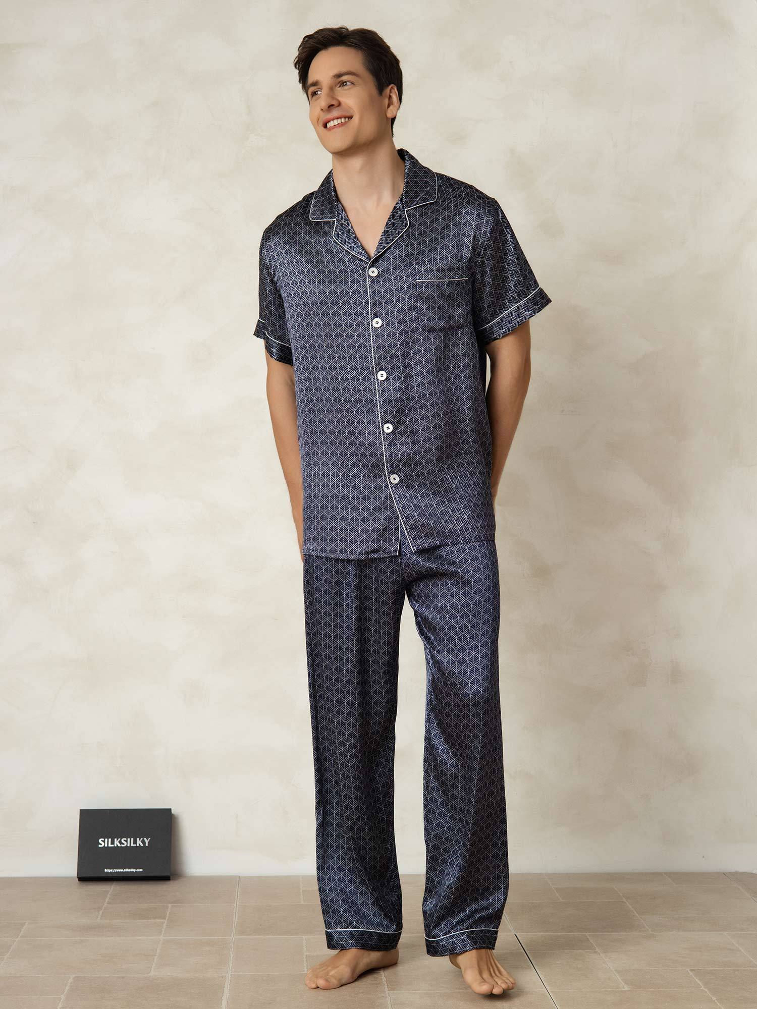 [NavyGinkgo] SilkSilky-AU Pure Silk Lapel Collar Men's Pyjamas 001