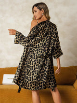 [Leopard] SilkSilky-AU 3/4 Sleeve V Neck Nightgown&Dressing Gown Set 002